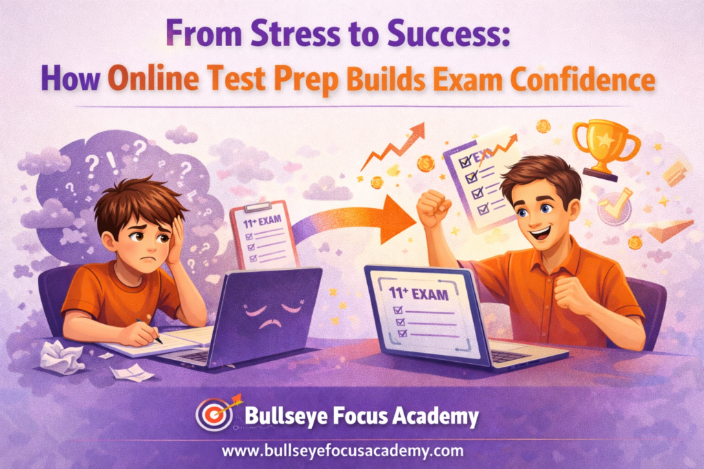 Student confidently preparing for exams using online test prep platform with practice tests and progress tracking dashboard.