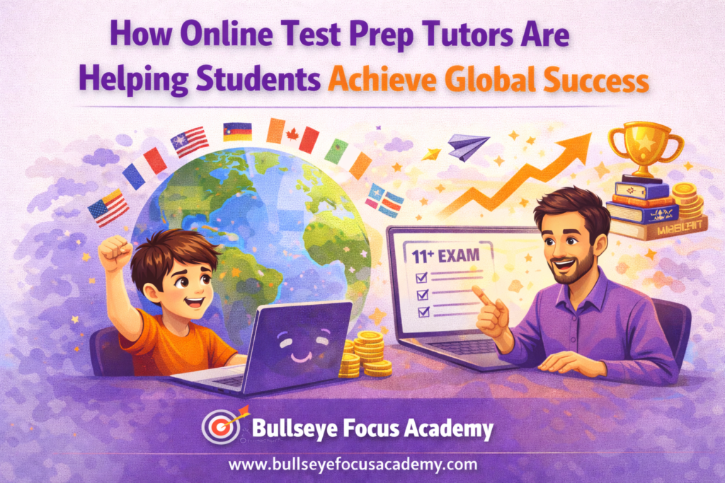 Student attending online test prep tutoring session on laptop preparing for international exams and global academic success.