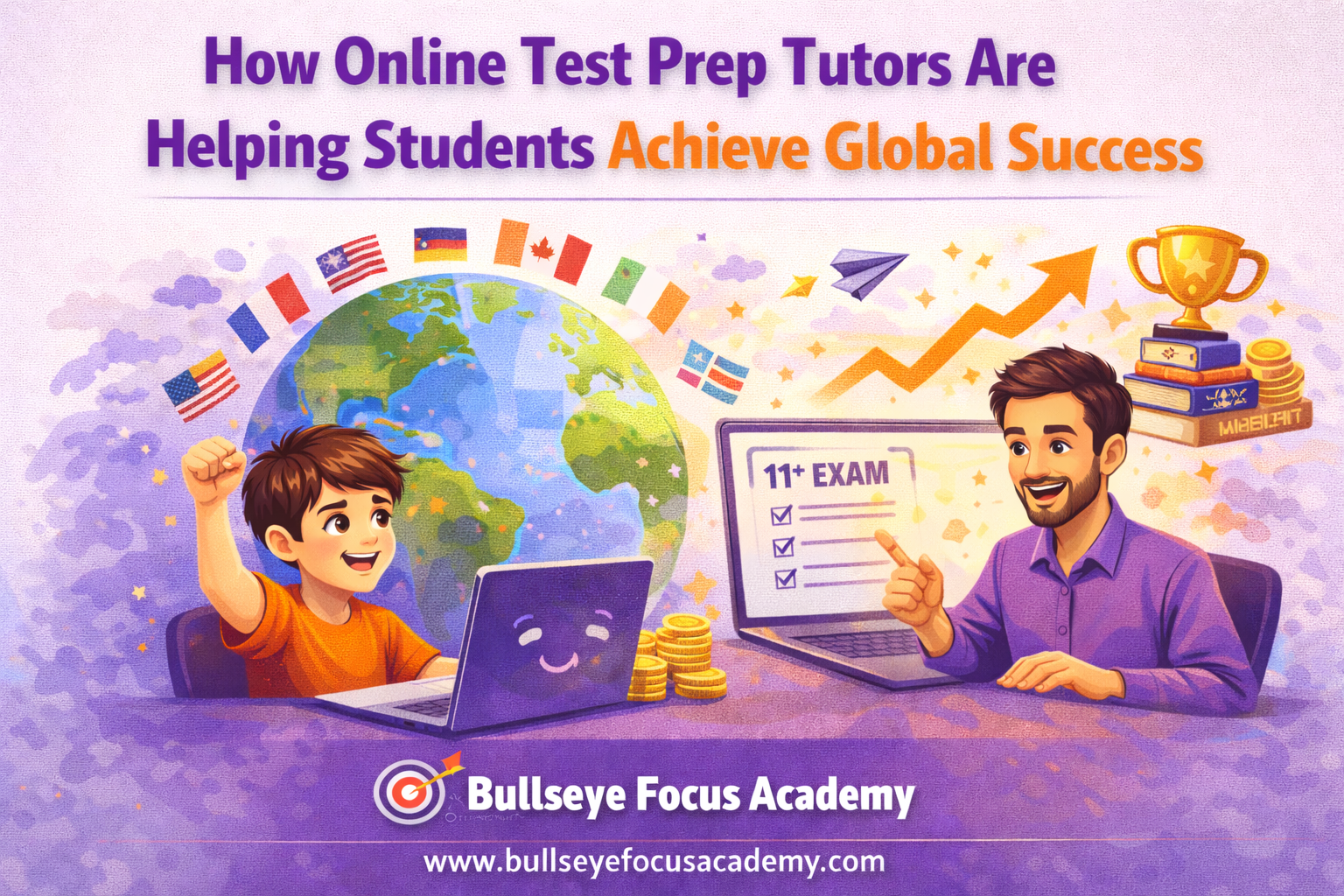Student attending online test prep tutoring session on laptop preparing for international exams and global academic success.