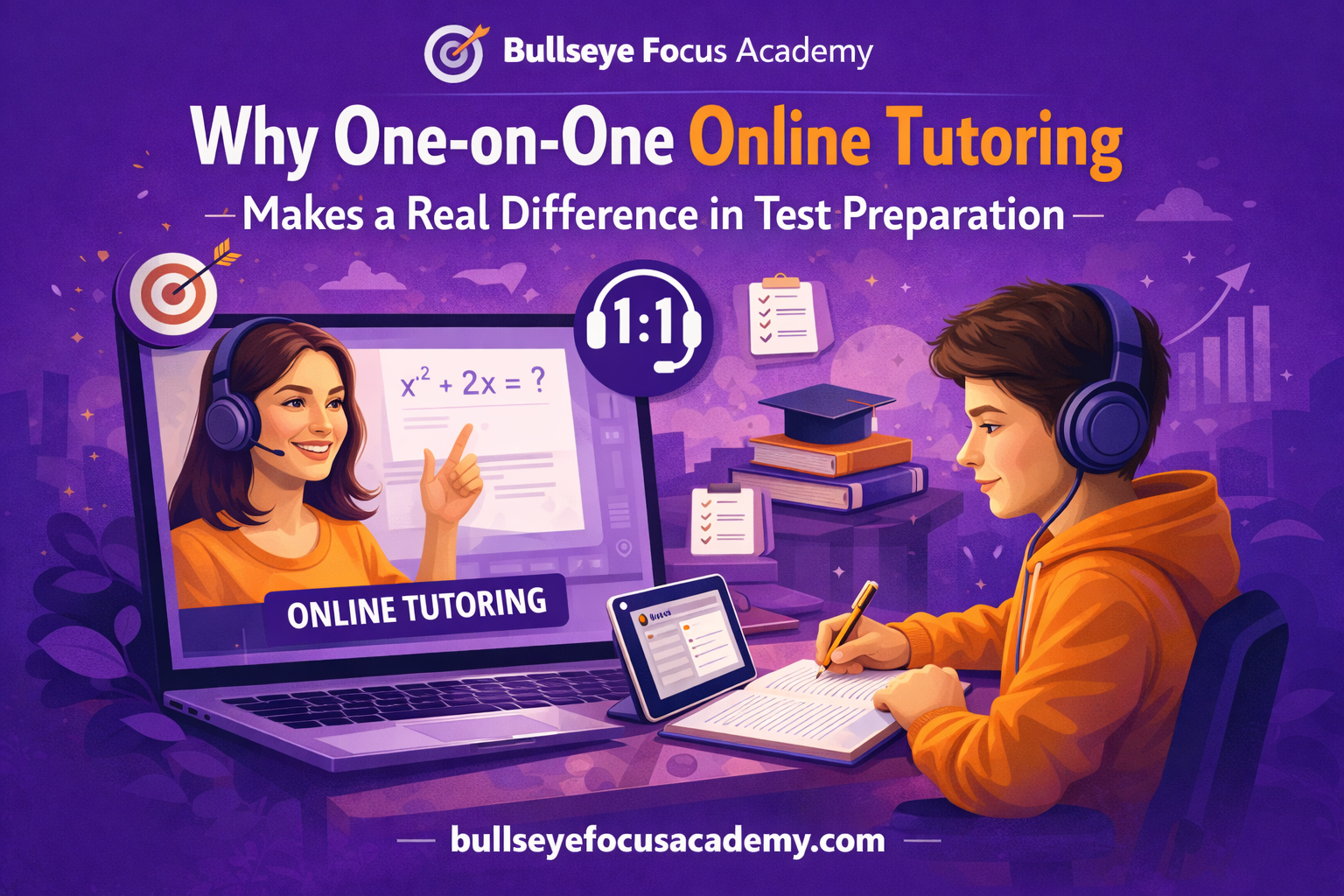 Student attending one-on-one online tutoring session with a teacher on laptop for personalized test preparation.