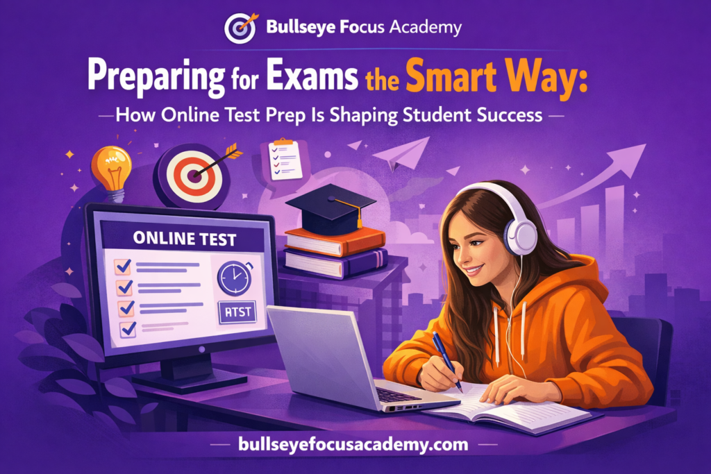 Student preparing for exams using online test prep platform on laptop with virtual practice tests and study materials.