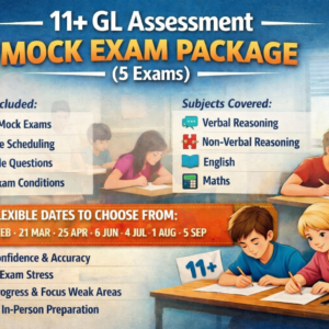 11+ GL Assessment mock exam package of 5 with flexible in-person practice covering Verbal Reasoning, Non-Verbal Reasoning, English and Maths