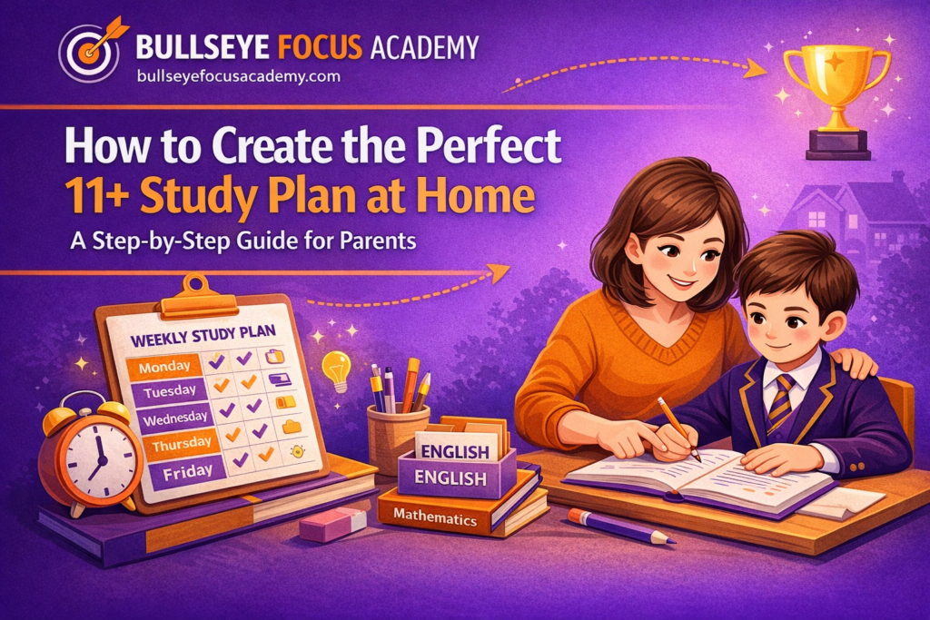 Parent helping child follow 11 plus study plan at home for exam preparation