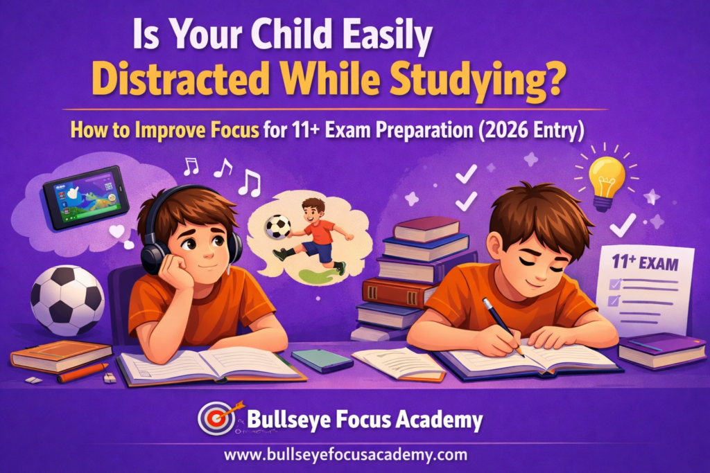 Child studying with improved focus for 11 plus exam preparation at home