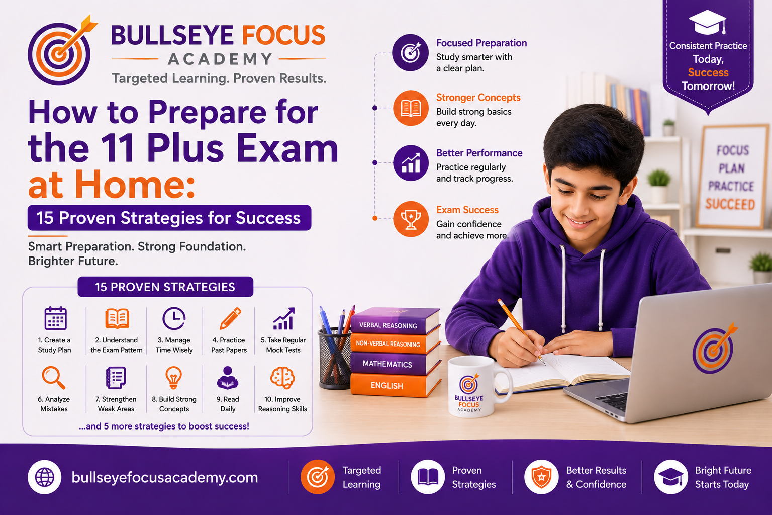 Student studying at home for 11 Plus Preparation with books and practice papers